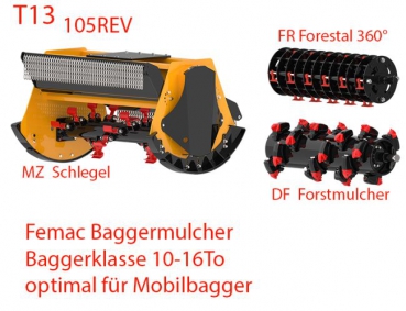Femac T13DF105REV Forstmulcher Baggermulcher Mulcher Schlegelmulcher für Minibagger, Bagger Mobilbagger 10,0 - 16,0 To